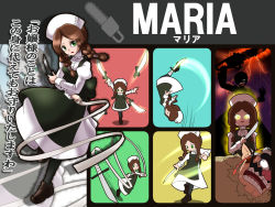 Rule 34 | 1girl, 2boys, alfred drevis, apron, braid, brown eyes, brown hair, cameo, chainsaw, character name, commentary request, dress, facial hair, final smash, glowing, glowing eyes, green eyes, hat, highres, holding, knife, lipstick, mad father, makeup, maria (mad father), multiple boys, mustache, nintendo, nurse cap, open mouth, outline, pantyhose, parody, shan grila, sidelocks, silhouette, spoilers, super smash bros., symbol, throwing, throwing knife, translation request, twin braids, wario, warioware, weapon, zoom layer