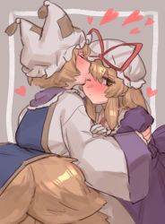 Rule 34 | 2girls, animal hat, beige background, blonde hair, blush, closed eyes, dress, fox tail, from side, gloves, hair between eyes, hat, hat ribbon, highres, kiss, kissing forehead, long sleeves, masanaga (tsukasa), mob cap, multiple girls, multiple tails, nose blush, one eye closed, purple dress, ribbon, sidelocks, sketch, tabard, tail, touhou, upper body, white dress, white gloves, wide sleeves, yakumo ran, yakumo yukari, yuri