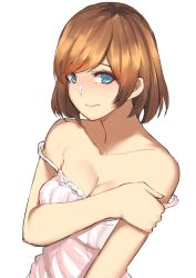 Rule 34 | 1girl, absurdres, bare arms, bare shoulders, blue eyes, breasts, brown hair, cleavage, closed mouth, collarbone, commentary, frills, highres, holding own arm, lingerie, looking to the side, medium breasts, miyamori aoi, norman maggot, pink shirt, shirobako, shirt, short hair, simple background, smile, solo, strapless, tank top, underwear, upper body