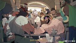 Rule 34 | 6+boys, abs, alcohol, arm behind back, arm wrestling, bara, beard, beer, biceps, black hair, blush, boxer briefs, bulge, cape, unworn clothes, come hither, elf, eye contact, facial hair, fantasy, feet out of frame, fox boy, from side, frown, furry, furry with non-furry, green cape, guild, highres, interspecies, large pectorals, lion boy, long beard, looking at another, looking back, male focus, male underwear, mask, mature male, medium hair, minotaur, multicolored hair, multiple boys, muscular, muscular male, nipples, on chair, original, overpowering, pectoral cleavage, pectorals, pointy ears, bar (place), purple hair, referee, seductive smile, shoes, unworn shoes, short hair, shorts, shy, sideburns, sidepec, sleeveless, smile, stomach, streaked hair, strip game, strongman waist, subtitled, thick arms, thick eyebrows, thick thighs, thighs, tooboshoo, topless male, triceps, underwear, white male underwear, yaoi