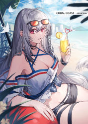 Rule 34 | 1girl, ahoge, arknights, beach, black choker, black shorts, blue sky, bow, breasts, choker, cleavage, cloud, cloudy sky, commentary, coyucom, criss-cross halter, cropped shirt, cup, day, drink, drinking glass, drinking straw, expressionless, eyewear on head, food, fruit, groin, hair between eyes, halterneck, holding, holding drink, large breasts, lemon, lemon slice, long hair, looking at viewer, midriff, navel, ocean, off-shoulder shirt, off shoulder, official alternate costume, outdoors, polka dot, polka dot bow, red eyes, shirt, short shorts, shorts, silver hair, sitting, skadi (arknights), skadi (waverider) (arknights), skadi (waverider) (arknights), sky, solo, straight hair, sunglasses, thigh strap, thighs, tinted eyewear, very long hair, white shirt, wine glass