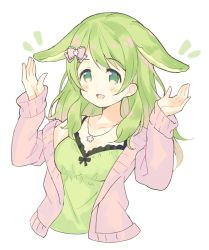 Rule 34 | 1girl, :d, animal ears, blush stickers, bow, breasts, camisole, commentary request, cropped torso, flower, green camisole, green eyes, green hair, hair bow, hair flower, hair ornament, hands up, jacket, kemonomimi mode, long hair, long sleeves, meito (maze), morinaka kazaki, nijisanji, notice lines, open clothes, open jacket, open mouth, pink bow, pink jacket, rabbit ears, sleeves past wrists, small breasts, smile, solo, upper body, virtual youtuber, white flower