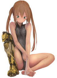 Rule 34 | 1girl, bandages, barefoot, feet, female focus, full body, hair between eyes, hands on feet, highres, leotard, nihoshi (bipedal s), open mouth, original, prosthesis, simple background, sitting, soles, solo, spread legs, toes, twintails, v-shaped eyebrows, white background