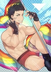 Rule 34 | 1boy, abs, aper, bara, black gloves, black hair, boots, boxer briefs, bulge, facepaint, fingerless gloves, flag, gloves, green eyes, highres, holding, holding flag, large pectorals, leg belt, lgbt pride, looking at viewer, male focus, male underwear, muscular, muscular male, navel, original, pectorals, rainbow flag, red male underwear, short hair, sitting, smile, solo, teeth, thick thighs, thighs, underwear