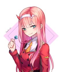 Rule 34 | 1girl, artist name, blue eyes, blush, breasts, candy, commentary, darling in the franxx, english commentary, food, hairband, hand up, holding, holding food, horns, jacket, lollipop, long hair, long sleeves, looking at viewer, necktie, orange necktie, pink hair, red jacket, sidelocks, signature, simple background, small breasts, smile, solo, tsukiaki teriyaki, upper body, white background, white hairband, zero two (darling in the franxx)