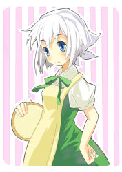 Rule 34 | 1girl, absurdres, apron, blue eyes, female focus, hand on own hip, head scarf, highres, konpaku youmu, no nose, short hair, silver hair, sketch, solo, touhou, tray, ut pictura poesis, waitress