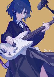 Rule 34 | 1girl, absurdres, black dress, blue bow, blue bowtie, blue hair, bob cut, bocchi the rock!, bow, bowtie, commentary, cowboy shot, dress, electric guitar, expressionless, fagun yibei, green eyes, guitar, hair ornament, hairclip, highres, holding, holding instrument, instrument, long sleeves, looking down, microphone stand, mole, mole under eye, short hair, signature, simple background, solo, yamada ryo, yellow background