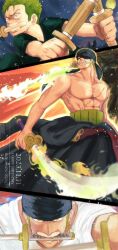 Rule 34 | 1boy, 89gino05, abs, age progression, bandana, child, dated, green hair, happy birthday, holding, holding sword, holding weapon, japanese clothes, kimono, large pectorals, male focus, muscular, muscular male, no nipples, one piece, pectorals, roronoa zoro, scar, scar across eye, short hair, split screen, sword, topless male, triple wielding, weapon