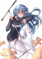 Rule 34 | 1girl, blue eyes, blue hair, breasts, full body, hairband, highres, holding, hood, hoodie, horns, kneeling, long hair, long sleeves, looking at viewer, microphone, microphone stand, momingie, no shoes, original, pinky out, shadow, small breasts, solo, stuffed animal, stuffed toy, swimsuit, symbol in eye, teddy bear, thighhighs, tongue, tongue out, w, white background, white thighhighs, zettai ryouiki