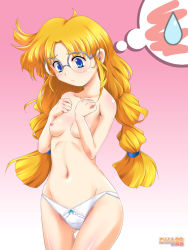 Rule 34 | 1girl, alice soft, blue eyes, blue panties, bow, bow panties, braid, breast conscious, breasts, brown hair, cafe artful, dha, glasses, gradient background, hands on own chest, kichikuou rance, lace, lace-trimmed panties, lace trim, long hair, navel, nipples, panties, panties only, pink background, rance (series), small breasts, solo, standing, sweatdrop, thigh gap, topless, twin braids, underwear, underwear only, very long hair, white panties