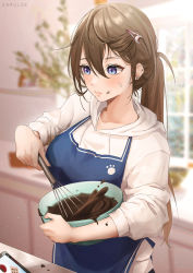Rule 34 | 1girl, apron, artist name, baking, blue apron, blurry, blurry background, blush, bowl, brown hair, chocolate, closed mouth, commentary request, crescent, crescent hair ornament, depth of field, ear piercing, expulse, food, food on face, hair between eyes, hair ornament, hairclip, highres, holding, holding bowl, hood, hood down, hoodie, indoors, long hair, long sleeves, original, piercing, ponytail, solo, tablet pc, upper body, valentine, whisk, white hoodie