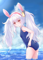 Rule 34 | 1girl, alternate costume, animal ears, ass, azur lane, bad id, bad pixiv id, bare shoulders, blue one-piece swimsuit, blue sky, blush, breasts, cloud, day, fake animal ears, hair between eyes, hair ornament, hairband, laffey (azur lane), long hair, looking at viewer, m ko (maxft2), ocean, old school swimsuit, one-piece swimsuit, open mouth, rabbit ears, red eyes, school swimsuit, silver hair, sky, small breasts, solo, swimsuit, thighs, twintails, very long hair
