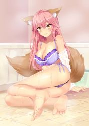 Rule 34 | 1girl, animal ears, ass, barefoot, blue bra, blue panties, blush, bra, breasts, cleavage, collarbone, commentary request, fate/grand order, fate (series), fox ears, fox tail, guaizi, hair between eyes, highres, large breasts, long hair, looking at viewer, on floor, panties, pink hair, side-tie panties, smile, solo, tail, tamamo (fate), tamamo no mae (fate/extra), underwear, underwear only, wet, yellow eyes
