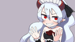 Rule 34 | 1girl, absurdres, bare shoulders, black dress, black ribbon, blush, breasts, character request, collar, detached collar, dress, ear piercing, flower, frilled dress, frills, grey background, grin, hair between eyes, hair ribbon, hands up, highres, lakilolom, long hair, looking at viewer, maid headdress, piercing, pointy ears, red eyes, red flower, red rose, ribbon, rose, silver hair, simple background, small breasts, smile, solo, strapless, strapless dress, upper body, v-shaped eyebrows, vocaloid, white collar