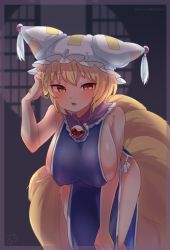 Rule 34 | 1girl, animal ears, animal hat, bent over, blonde hair, blush, breasts, dress, fox ears, fox tail, hand in own hair, hat, highres, huge breasts, ibaraki natou, kitsune, long sleeves, looking at viewer, mob cap, multiple tails, naked tabard, open mouth, rain, short hair, sideboob, skindentation, solo, tabard, tail, thighs, touhou, white hat, wide sleeves, yakumo ran, yellow eyes