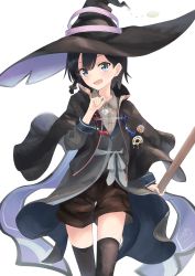 Rule 34 | 1girl, :d, absurdres, black capelet, black hat, black thighhighs, blue eyes, blue ribbon, blush, broom, brown shorts, capelet, collared shirt, dress shirt, grey shirt, hair between eyes, hat, highres, holding, holding broom, looking at viewer, majo no tabitabi, minau37, open mouth, red ribbon, ribbon, saya (majo no tabitabi), shirt, short shorts, shorts, simple background, smile, solo, standing, thighhighs, white background, wing collar, witch hat, zettai ryouiki