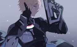Rule 34 | blonde hair, blue eyes, cape, gun, highres, holding, holding gun, holding weapon, lee: hyperreal (punishing: gray raven), lee (punishing: gray raven), mao (expuella), mechanical parts, profile, punishing: gray raven, weapon