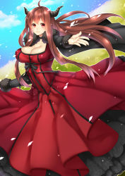 Rule 34 | 10s, 1girl, ahoge, bad id, bad pixiv id, breasts, brown hair, choker, cleavage, dress, highres, horns, large breasts, long hair, looking at viewer, maou (maoyuu), maoyuu maou yuusha, outstretched arm, red dress, red eyes, smile, solo, yutazou