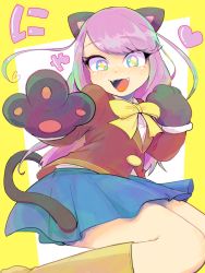 Rule 34 | 10s, 1girl, animal hands, bad id, bad pixiv id, commentary request, fangs, gloves, hashimoto nyaa, heart, highres, hyaku, long hair, multicolored hair, osomatsu-san, paw gloves, pink hair, school uniform, simple background, smile, solo, streaked hair, yellow background