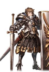Rule 34 | 10s, 1boy, alpha transparency, armor, brown eyes, brown hair, fortress (granblue fantasy), full body, gran (granblue fantasy), granblue fantasy, male focus, minaba hideo, official art, pauldrons, scabbard, sheath, shield, short hair, shoulder armor, solo, sword, transparent background, weapon