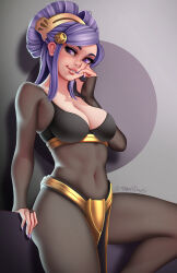 Rule 34 | 1girl, absurdres, alternate costume, bodystocking, bodysuit, breasts, cleavage, comb, cosplay, covered navel, dark mage (fire emblem awakening), fire emblem, fire emblem fates, hair bun, hair ornament, highres, jackary, large breasts, long hair, looking at viewer, mature female, midriff, navel, nintendo, open mouth, orochi (fire emblem), pelvic curtain, purple eyes, purple hair, simple background, skin tight, smile, solo, tharja (fire emblem), tharja (fire emblem) (cosplay), thighs