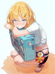 Rule 34 | 1girl, absurdres, artist name, bikini, blonde hair, blue eyes, blue shorts, blush, bob cut, boombox, bow, brown footwear, commentary, crossed arms, english commentary, from side, full body, hair ornament, highleg, highleg bikini, highres, holding boombox, hololive, hololive english, hololive summer 2023 swimsuit, leaning forward, legs together, looking at viewer, nose blush, official alternate costume, rayillu, shirt, shorts, simple background, solo, squatting, swimsuit, t-shirt, tied shirt, toeless footwear, virtual youtuber, waist bow, watson amelia, white background, white shirt, wristband, yellow wristband