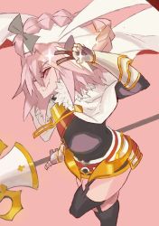 Rule 34 | 1boy, astolfo (fate), black legwear, braid, cape, fang, fate/apocrypha, fate (series), garter straps, gauntlets, holding, holding weapon, long hair, looking at viewer, pink background, pink hair, simple background, smile, thighhighs, trap, v, weapon, yuuki (irodo rhythm)