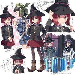 Rule 34 | 1boy, 2girls, :d, ^ ^, black headwear, black jacket, black legwear, blue shirt, blue skirt, blush, boots, brown hair, chabashira tenko, checkered clothes, checkered scarf, closed eyes, collared shirt, commentary request, danganronpa (series), danganronpa v3: killing harmony, closed eyes, full body, hair ornament, hairclip, hand on own hip, hands up, hat, index finger raised, jacket, long hair, multiple girls, nanao (nanao1023), open mouth, oma kokichi, pantyhose, pleated skirt, purple hair, red hair, red skirt, scarf, school uniform, shirt, short hair, skirt, smile, solo focus, speech bubble, standing, straitjacket, sweatdrop, translation request, trembling, witch hat, yumeno himiko