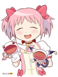 Rule 34 | 1girl, bow, character doll, character request, choker, closed eyes, commentary request, dated, dress, hair bow, hand puppet, kaname madoka, kyubey, mahou shoujo madoka magica, mahou shoujo madoka magica (anime), mochi-iri kinchaku, open mouth, parody, pink bow, pink dress, pink hair, puffy short sleeves, puffy sleeves, puppet, puppetmuppet, red choker, short sleeves, signature, smile, solo, twintails, upper body