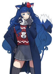 Rule 34 | 1girl, animal ears, big hair, blue coat, blue eyes, blue hair, bow, cat ears, chenna kitty, christmas sweater, coat, flower, gloves, grey gloves, grey skirt, grey thighhighs, grin, hair bow, hair flower, hair ornament, hairband, hand on own hip, hand up, indie virtual youtuber, miniskirt, open clothes, open coat, red flower, red rose, red sweater, rose, simple background, skirt, smile, solo, sweater, tail, tail bow, tail ornament, thighhighs, unsomnus, virtual youtuber, white background