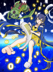 Rule 34 | absurdres, blue hair, blush, digimon, digimon story: cyber sleuth hacker&#039;s memory, highres, long hair, looking at viewer, mishima erika, whale, wormmon, yellow eyes