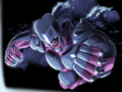 Rule 34 | 1boy, clenched hands, colored skin, crazy diamond, dark background, foreshortening, heart, ishii hisao, jojo no kimyou na bouken, looking at viewer, male focus, open mouth, purple skin, solo, spikes, stand (jojo), teeth