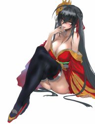 Rule 34 | 1girl, ahoge, azur lane, bare shoulders, black hair, black thighhighs, blush, breasts, cleavage, collarbone, commentary request, dress, finger to tongue, gond, grey eyes, hair between eyes, hair ornament, highres, huge breasts, japanese clothes, kimono, knees up, long hair, looking at viewer, obi, off-shoulder dress, off shoulder, red kimono, red ribbon, ribbon, sash, short kimono, sitting, slippers, solo, taihou (azur lane), thighhighs, tongue, tongue out, twintails, very long hair, wide sleeves