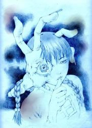 Rule 34 | 1girl, blue theme, blunt bangs, braid, finger to mouth, hair over shoulder, looking at viewer, madotsuki, medamaude, monochrome, monster, shushing, solo, tamo imai, twin braids, twintails, upper body, yume nikki