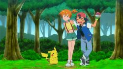 Rule 34 | 1boy, 1girl, :d, ash ketchum, backwards hat, black shirt, bush, closed eyes, closed mouth, commission, creatures (company), day, fingerless gloves, game freak, gen 1 pokemon, gloves, grass, green gloves, green shorts, hat, holding, holding poke ball, jacket, misty (pokemon), navel, nintendo, noelia ponce, open clothes, open jacket, open mouth, orange hair, outdoors, pants, pikachu, poke ball, poke ball (basic), pokemon, pokemon (anime), pokemon (classic anime), pokemon (creature), red headwear, shirt, shoes, shorts, side ponytail, sleeveless, sleeveless shirt, smile, sneakers, standing, suspenders, tree, watermark, white footwear, yellow shirt