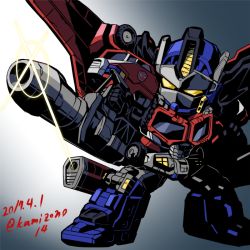 Rule 34 | 1boy, 2017, artist name, autobot, cannon, commentary request, dated, fighting stance, galaxy convoy, glowing, gun, headgear, holding, holding weapon, huge weapon, insignia, kamizono (spookyhouse), machine, machinery, male focus, mecha, mechanical wings, no humans, optimus prime, personification, robot, solo, transformers, transformers cybertron, twitter username, weapon, wheel, wings, yellow eyes