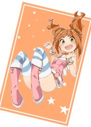 Rule 34 | 10s, 1girl, boots, border, bottomless, bracelet, brown hair, clenched hands, green eyes, idolmaster, idolmaster (classic), idolmaster 2, jewelry, laki, legs folded, looking at viewer, open mouth, pink diamond 765, pink footwear, solo, star (symbol), starry background, striped clothes, striped thighhighs, takatsuki yayoi, thighhighs, wrist cuffs