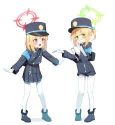 Rule 34 | 2girls, absurdres, black footwear, black hat, black shirt, black shorts, black skirt, blonde hair, blue archive, blush, boots, character request, cosplay, full body, gloves, green eyes, green halo, halo, hat, highres, long sleeves, midori (blue archive), momoi (blue archive), multiple girls, open mouth, pantyhose, peaked cap, pleated skirt, red eyes, red halo, shirt, short hair, shorts, siblings, simple background, sisters, skirt, smile, twins, white background, white gloves, white pantyhose, whonyang