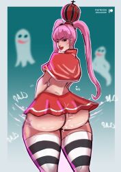 Rule 34 | 1girl, absurdres, ass, ass shake, clapping, colacat95, devil fruit, highres, horo horo no mi, huge ass, one piece, perona, pink hair, smile, solo, standing, sweat, twerking, twintails, wide hips