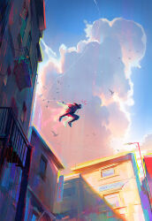Rule 34 | 1boy, bird, building, chromatic aberration, cloud, cloudy sky, commentary, english commentary, evening, full body, highres, lamppost, lightning bolt symbol, male focus, marvel, ross tran, shadow, silk, sky, solo, spider-man: across the spider-verse, spider-man: into the spider-verse, spider-man (miles morales), spider-man (series), spider-verse