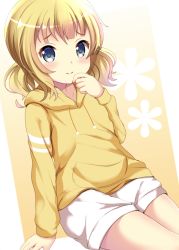 Rule 34 | 1girl, arm support, blonde hair, blue eyes, blush, closed mouth, commentary request, cowboy shot, drawstring, gochuumon wa usagi desu ka?, hand to own mouth, hood, hood down, hoodie, kirima syaro, long hair, long sleeves, looking at viewer, low twintails, nomikata, pom pom (clothes), short twintails, shorts, sidelocks, sitting, solo, twintails, white shorts, yellow hoodie