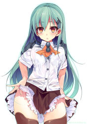 Rule 34 | 10s, 1girl, aqua hair, ascot, brown eyes, brown thighhighs, buttons, clothes lift, cowboy shot, dress shirt, eyebrows, hair ornament, hairclip, kantai collection, lifting own clothes, long hair, looking at viewer, no jacket, open mouth, panties, panty pull, parted lips, pulling own clothes, shirokitsune, shirt, short sleeves, skirt, skirt lift, solo, standing, suzuya (kancolle), sweat, thighhighs, thighs, underwear, very long hair, wet, wet clothes, wet panties, wet shirt, white panties, white shirt