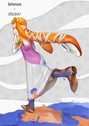 Rule 34 | 1girl, :p, akanbe, armor, artist request, blue eyes, boots, company connection, copyright name, crossover, eyelid pull, from behind, fusion, inkling player character, kasaki meari, long hair, looking back, monster girl, nintendo, orange hair, paint splatter, pantyhose, pauldrons, princess zelda, running, shoulder armor, solo, splatoon (series), splatoon 1, tentacle hair, the legend of zelda, tiara, tongue, tongue out, twintails, white pantyhose