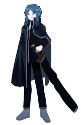 Rule 34 | 115 koubunshi, 1other, black coat, black pants, black shirt, blue eyes, blue hair, coat, full body, grey footwear, hand on weapon, highres, holding, holding sword, holding weapon, library of ruina, long sleeves, looking to the side, pale skin, pants, project moon, sheath, shirt, sidelocks, simple background, sketch, smile, sword, the bookhunter, weapon, white background, zipper