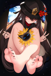 Rule 34 | 1girl, bare legs, barefoot, between legs, black nails, black shirt, brown hair, brown hat, cat, closed mouth, crossed ankles, feet, flower, flower-shaped pupils, foot focus, full body, genshin impact, hair between eyes, hat, hat flower, highres, hu tao (genshin impact), jewelry, long hair, looking at viewer, multiple rings, nail polish, nekoda (maoda), red eyes, ring, shirt, smile, soles, solo, symbol-shaped pupils, thumb ring, toenail polish, toenails, toes, twintails, v, very long hair