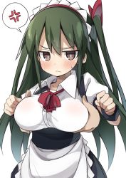 Rule 34 | &gt;:(, 1girl, abarabone, absurdres, anger vein, apron, blush, breasts, brown eyes, closed mouth, commentary request, disembodied limb, frown, grabbing, grabbing from behind, green hair, hands up, highres, jitome, large breasts, long hair, maid, maid headdress, one side up, original, see-through, simple background, solo focus, spoken anger vein, sweatdrop, upper body, v-shaped eyebrows, waist apron, white background