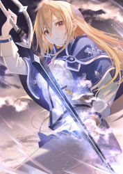 Rule 34 | 1girl, blonde hair, capelet, closed mouth, hair between eyes, heaven burns red, highres, long hair, long sleeves, looking at viewer, miniskirt, outdoors, pleated skirt, red eyes, shirakawa yuina, sidelocks, skirt, sola (solo0730), solo, sword, weapon