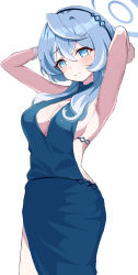 Rule 34 | 1girl, absurdres, ako (blue archive), ako (dress) (blue archive), armpits, blue archive, blue eyes, blue hair, blush, breasts, cleavage, closed mouth, commentary request, dress, gpyz7575, hair between eyes, highres, looking at viewer, medium breasts, medium hair, official alternate costume, sideless dress, sideless outfit, simple background, sleeveless, sleeveless dress, solo, standing, thighs, white background