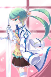 Rule 34 | dexp, frilled skirt, frills, gauntlets, green eyes, green hair, hair ornament, hairpin, holding, jacket, jacket on shoulders, long hair, lowres, petals, pleated skirt, rotori (sword girls), skirt, solo, striped clothes, striped thighhighs, sword, sword girls, thighhighs, twintails, weapon