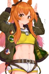 Rule 34 | 1girl, animal ears, arms up, badge, belt, black ribbon, blush, bow, breasts, brown belt, commentary request, cowboy shot, crop top, dog tags, ear ribbon, green jacket, groin, hair between eyes, highres, horse ears, horse girl, horse tail, jacket, long hair, long sleeves, looking at viewer, mayano top gun (umamusume), midriff, navel, o3o, open clothes, open jacket, orange hair, puffy short sleeves, puffy sleeves, ribbon, rocha (aloha ro cha), shirt, short sleeves, shorts, sidelocks, simple background, small breasts, solo, standing, tail, toned, two side up, umamusume, very long hair, white background, white shorts, yellow shirt